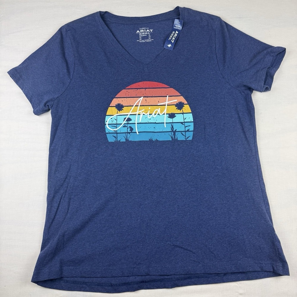 Ariat REAL Horizon Sunset Graphic V-Neck T-Shirt Women XL Navy Heather 10043418